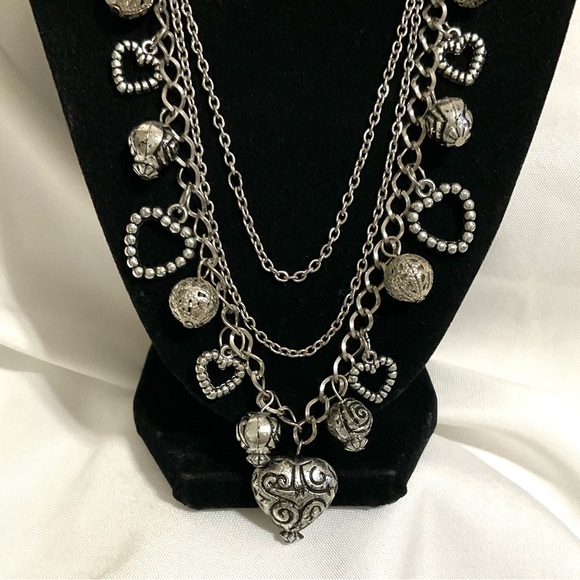 SilverTone Acrylic Heart Charms Necklace - Picture 4 of 5